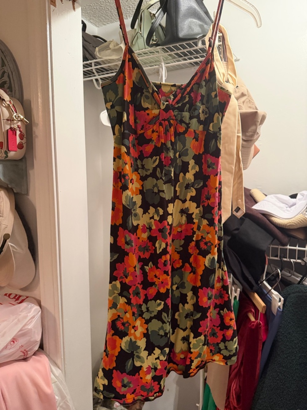 LOFT Black Mini Slip Dress with Orange & Green Floral Print